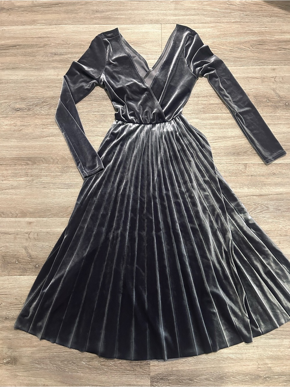 Nasty Gal Charcoal Velvet Pleated Wrap Midi Dress